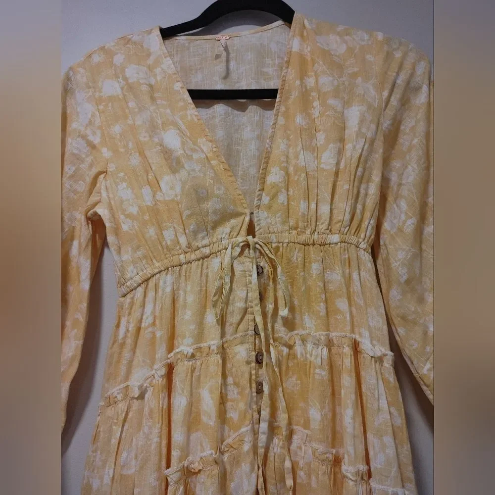 Free People Pappiet Floral Midi Dress Yellow Floral High Low Size XSmall